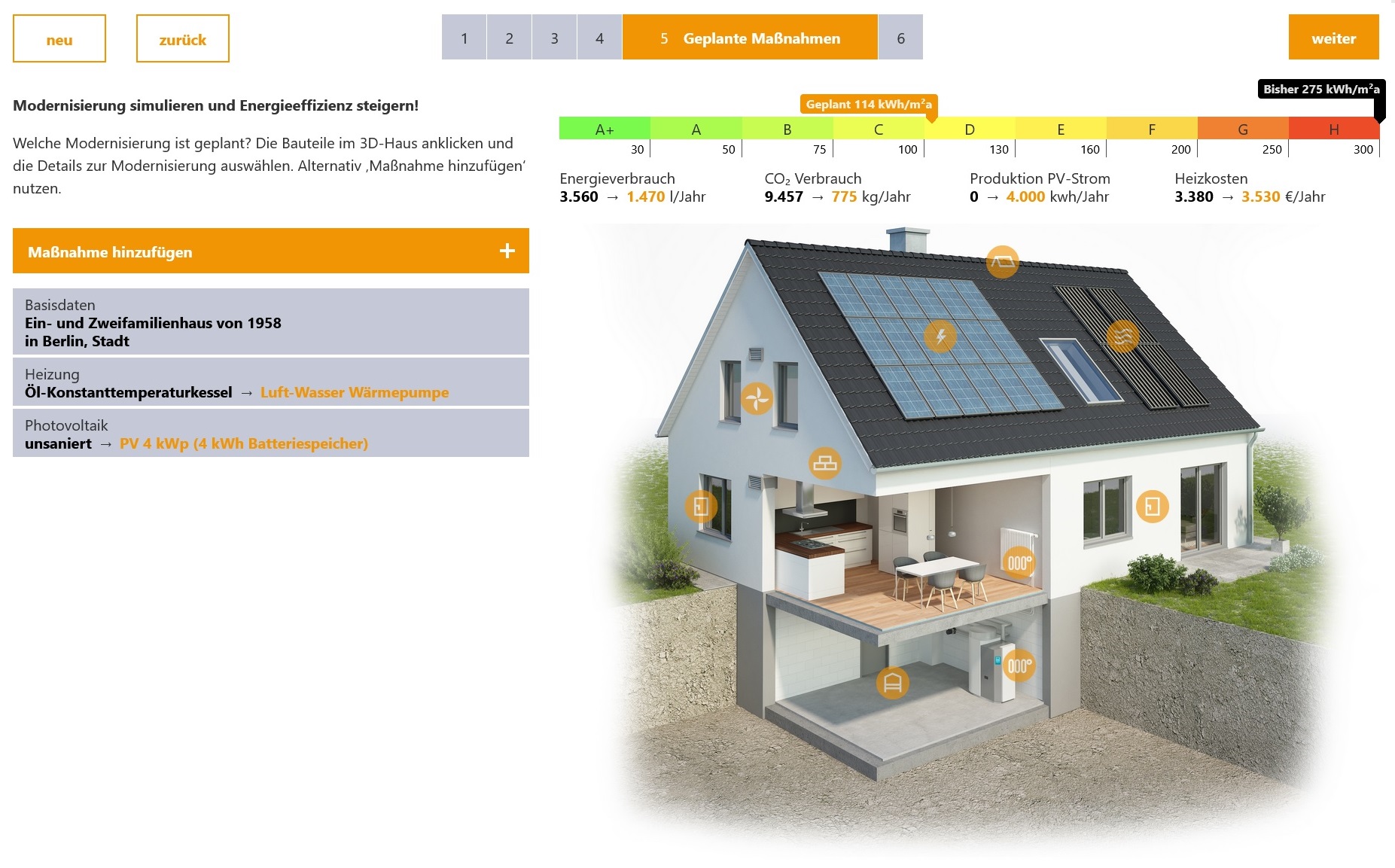 Ansicht der Benutzeroberfläche des Energiesparrechners Energie
